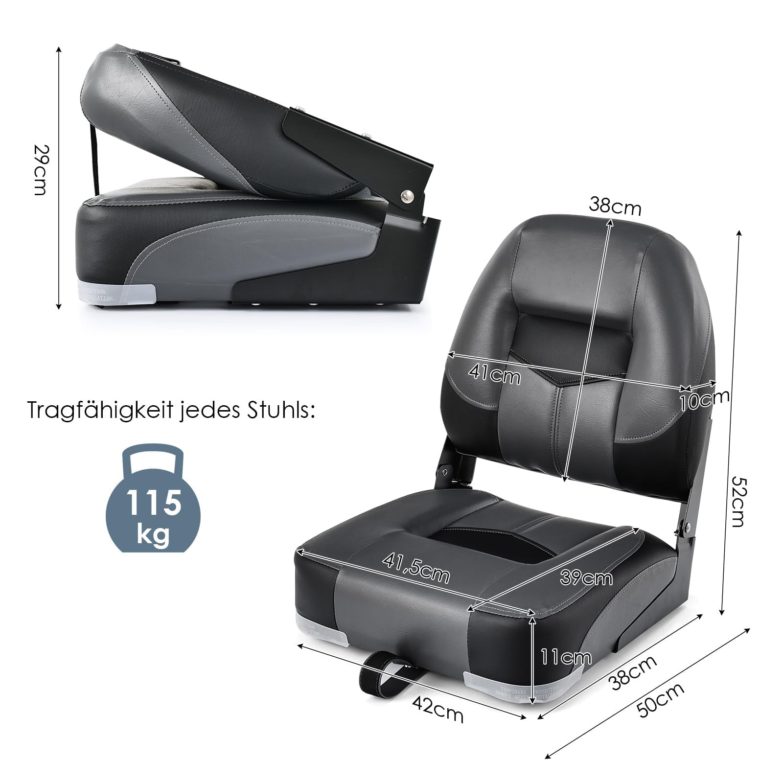 FANTASK Lot de 2 chaises de bateau pliables, siège bateau rembourré avec rembourrage en éponge de 11 cm d'épaisseur, 50 x 42 x 52 cm (noir)