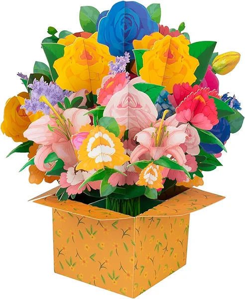 Multicolored Flower Square Box Pop Up Cards, Paper Flower Bouquet Greeting Cards with Blank Note Card & Envelope, ideal gift for celebrating Love, Holiday, Birthday, Anniversary, Valentine's Day