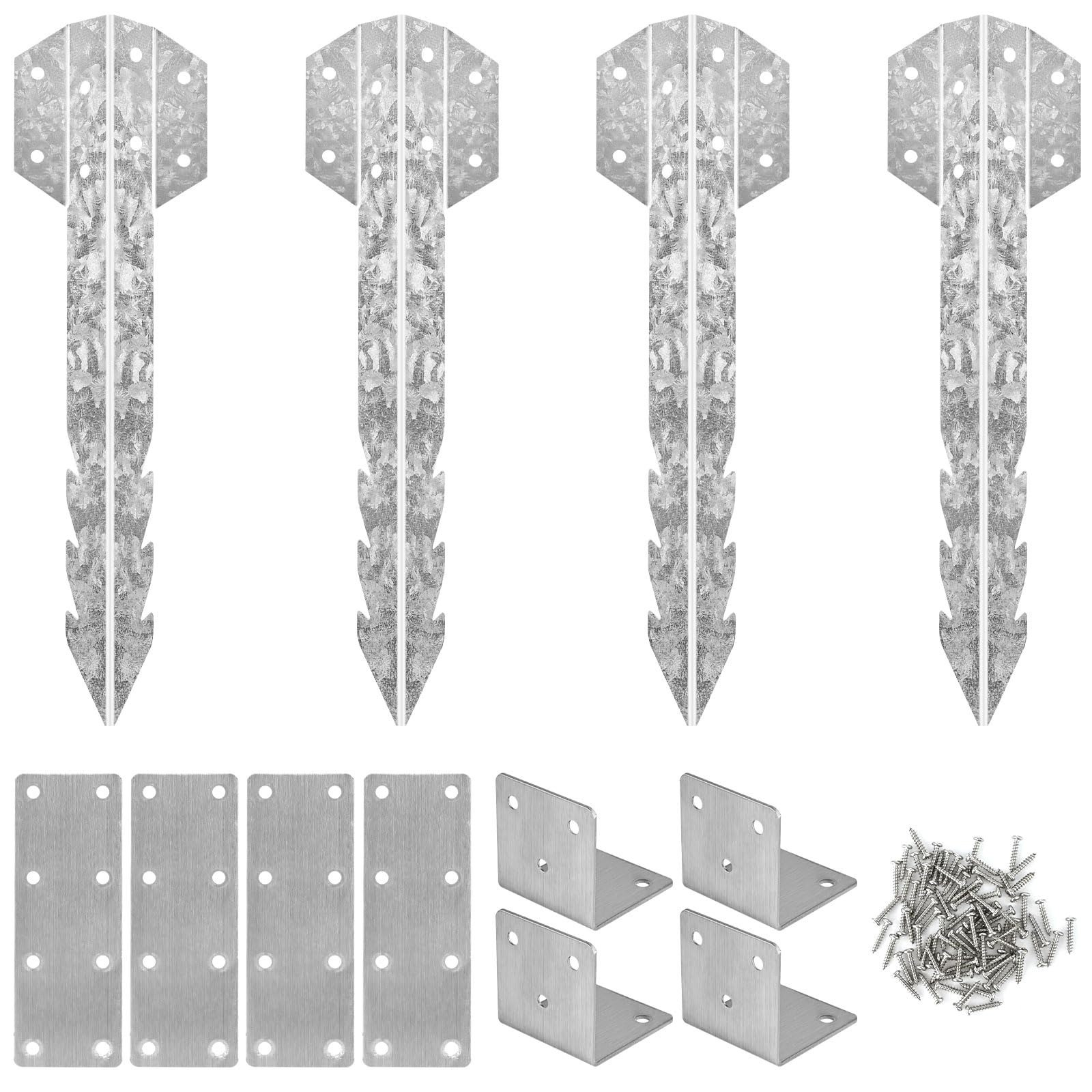 12Pcs Metal Brackets for Wood, 4Pcs Railway Sleeper Brackets with 4 Flat Joining Plates, 4 Angle Brackets and 80 Screws for Pathway, Garden Raised Bed Metal Corner Braces for Fixing Timber