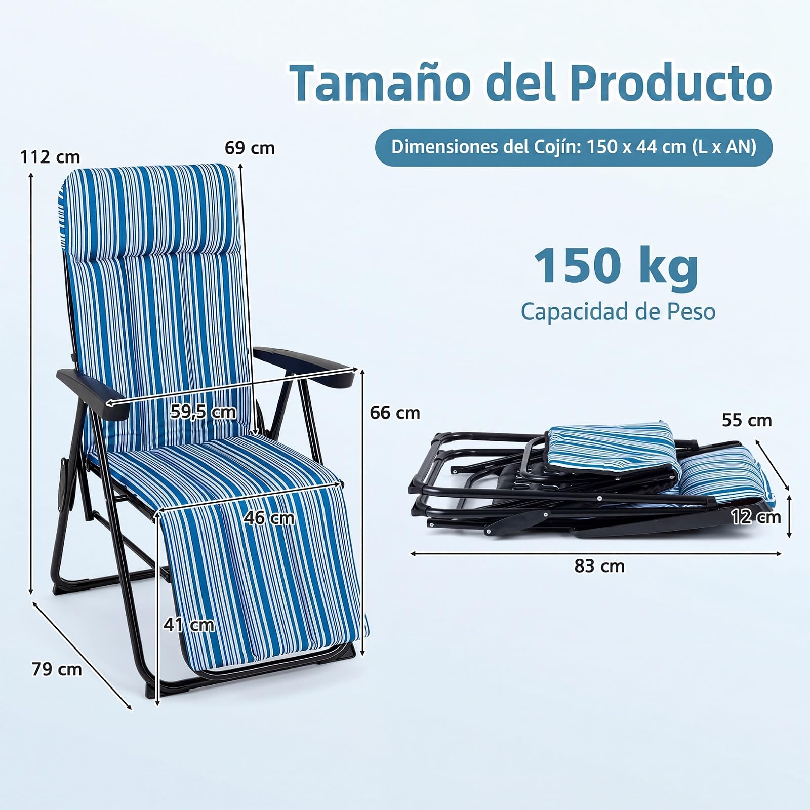 COSTWAY Hamaca Jardin Tumbona Plegable, Sillas Playa Reclinable | Respaldo en 6 Posiciones, Cojín Acolchado y Apoyabrazos, Tumbona Portátil Terraza Piscina Camping, Carga 150 kg