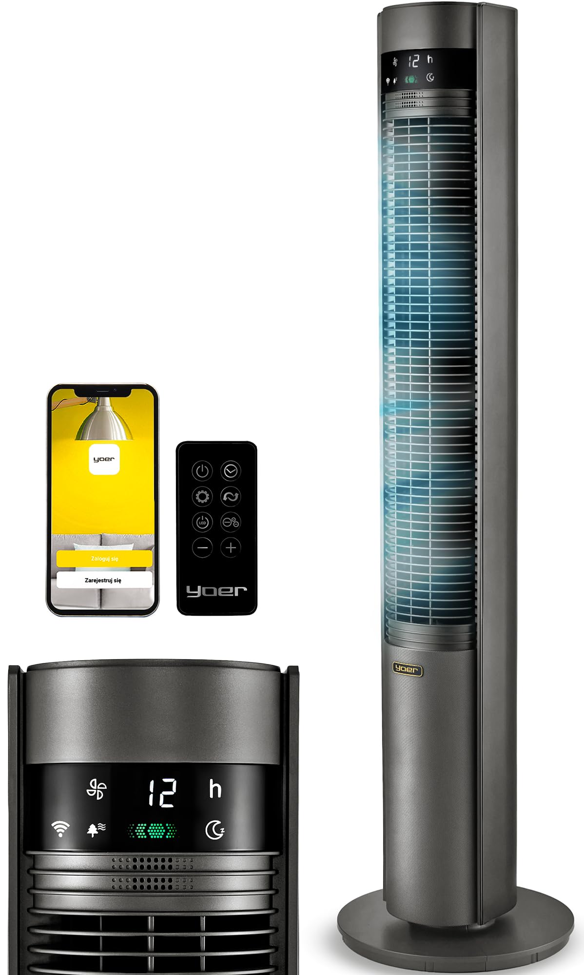 YOER CoolWhisper TF07G Leiser Turmventilator, 19dB, 12 m Wurfweite, WLAN & App, 12 Geschwindigkeitsstufen, 80° Oszillation, Plasma-Ionisator, grau
