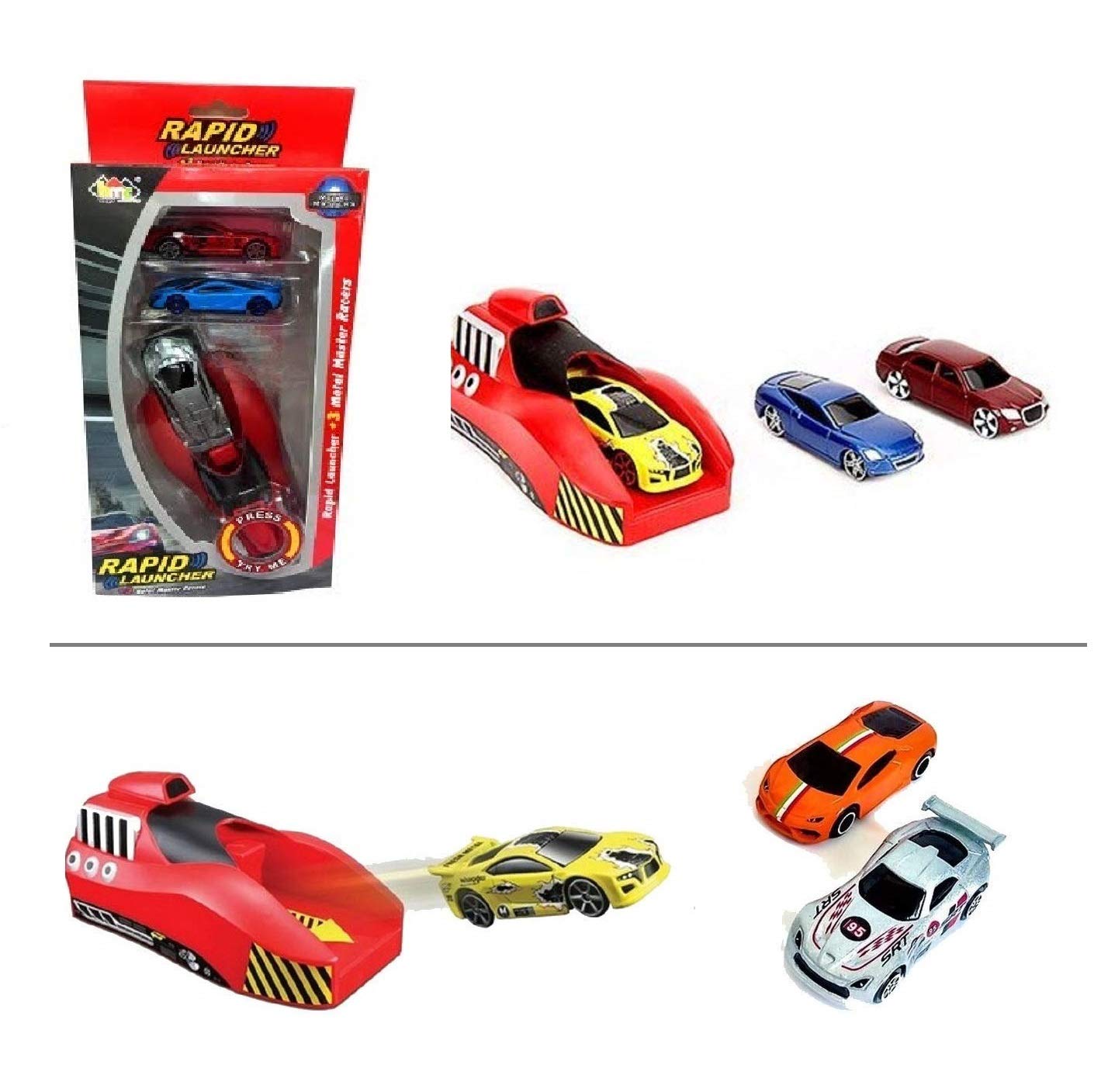 TMG Rapid Launcher Play Set Toy with 3 Die Cast Metal Stunt Car and Stoppers Best Toy Gift for Kids (Random Color)