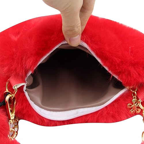 Miniatura 6 de Bolso de mano de piel sintética con forma de corazón para mujeres y niñas, bolso de hombro de felpa con correa de cadena de metal, Rojo -, Portátil