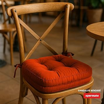 XPERMATE Çift Kat Sandalye Minderi Fermuarlı Yıkanabilir Kılıf Bağcıklı Su ve Yağ İtici 42x42x8 cm (KİREMİT)