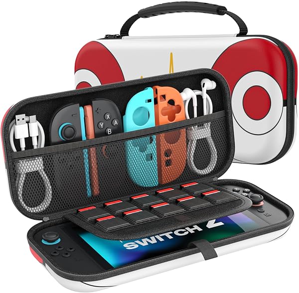 MoKo Étui pour Nintendo Switch 2 (2025), Housse Rigide de Protection avec 10 Cartouches de Jeux, Pochette de Transport Boîtier für Switch 2 2025 et Accessoires, Boule Rouge - 1