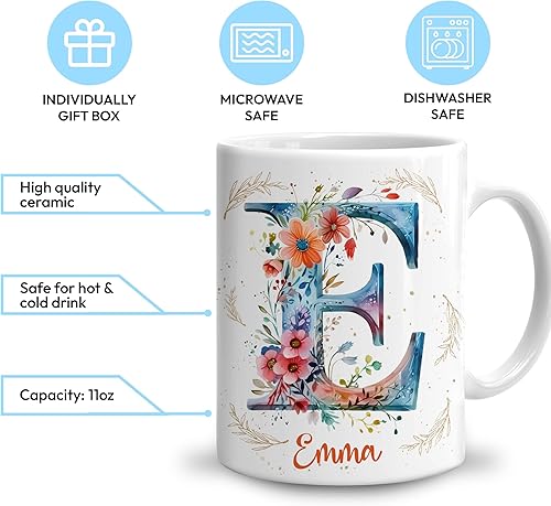 Miniatura 3 de Hyturtle Taza de café personalizada con inicial con nombre, monograma de cumpleaños, regalos de Navidad para niñas y mujeres, letra E floral,