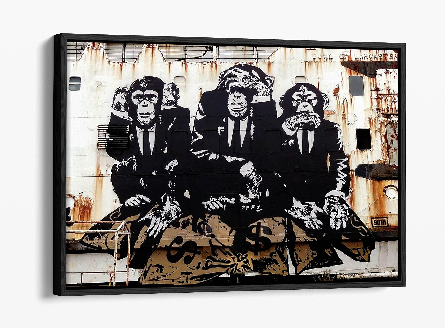 Canvasartshop Black - Banksy Three Wise Monkeys- Float Effect Framed Canvas Wall Art Picture Print (, 12X8)
