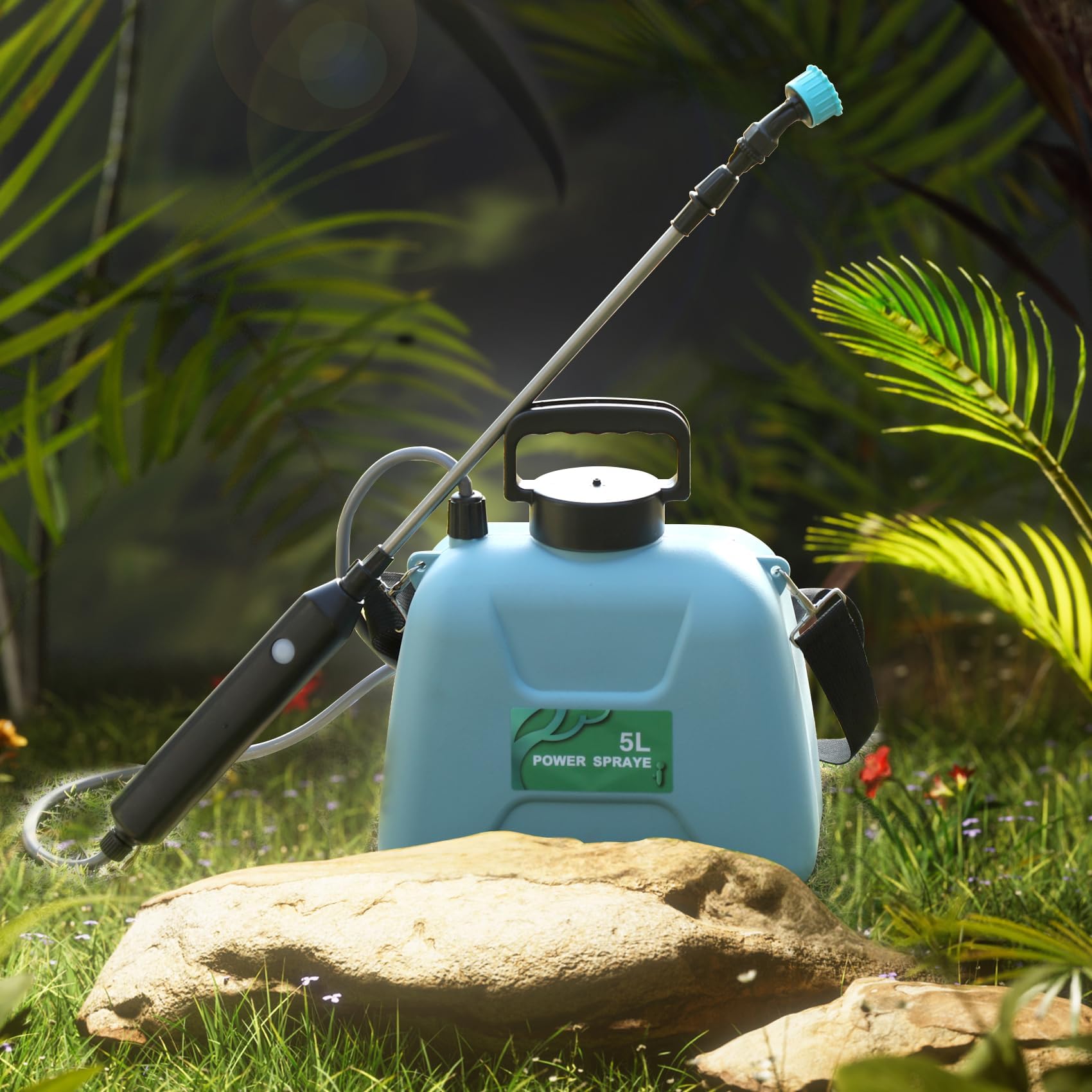 Spruzzatore Elettrico, Spruzzatore Da Giardino Elettrico 5L, 2400 mAh Spruzzatore 3 ugelli nebulizzatori, impugnatura ricaricabile USB, bacchetta retrattile e tracolla regolabile per prato, giardin