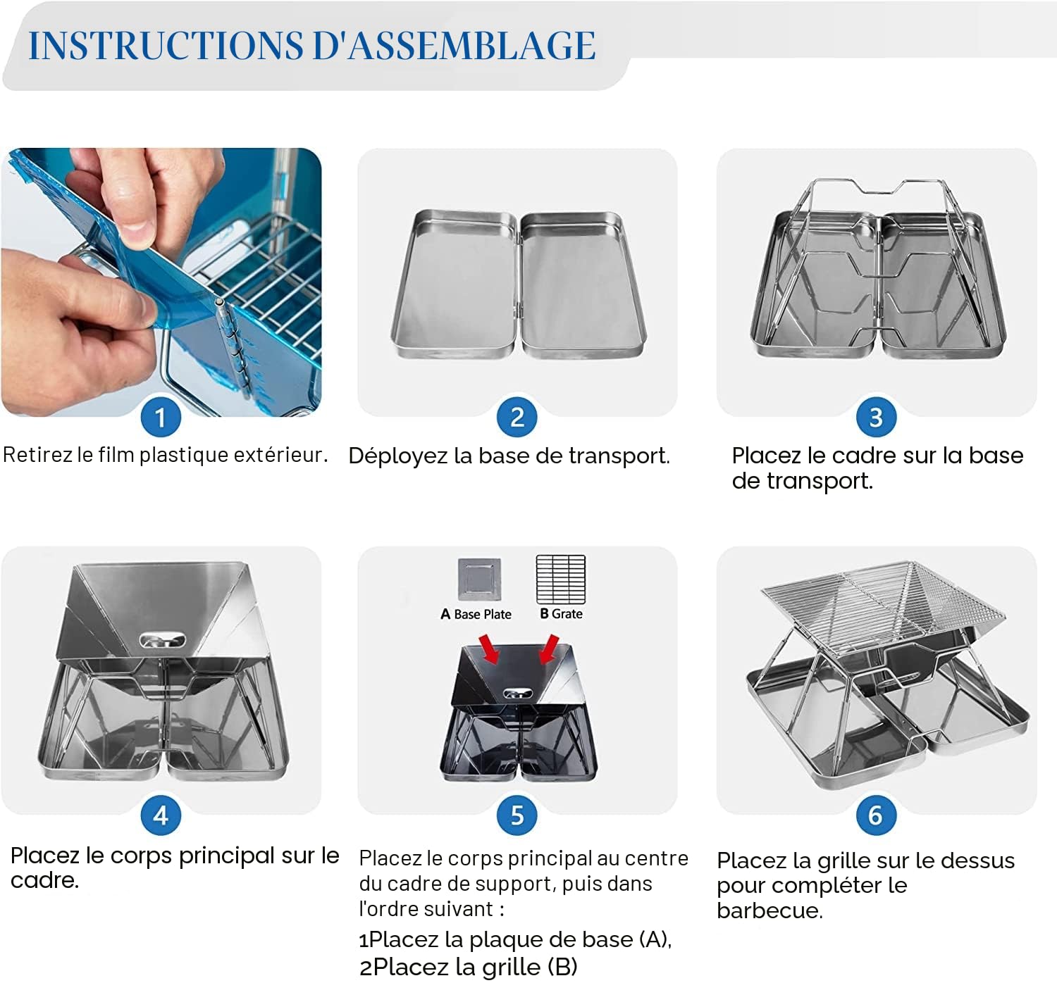 Grille de Barbecue Pliable Foyer en Acier Inoxydable Portable Barbecue au Charbon de Bois Relevable avec Sac de Transport