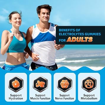 Electrolyte Gummies for Hydration, Hydration Gummies for Kids & Seniors Adults, with Potassium, Magnesium, Calcium, Sodium, Chloride for Runners and Endurance Sports, Orange Flavor, Vegan, 60 Chews