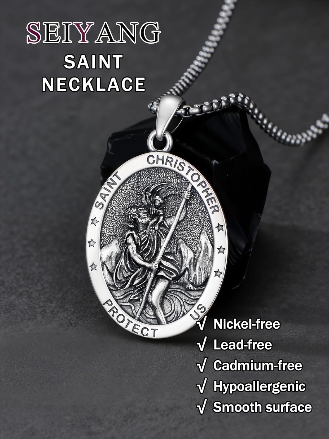 Seiyang Saint Necklace 925 Sterling Silver Patron Amulet Medal Jewelry for Men Women (with Gift Box)