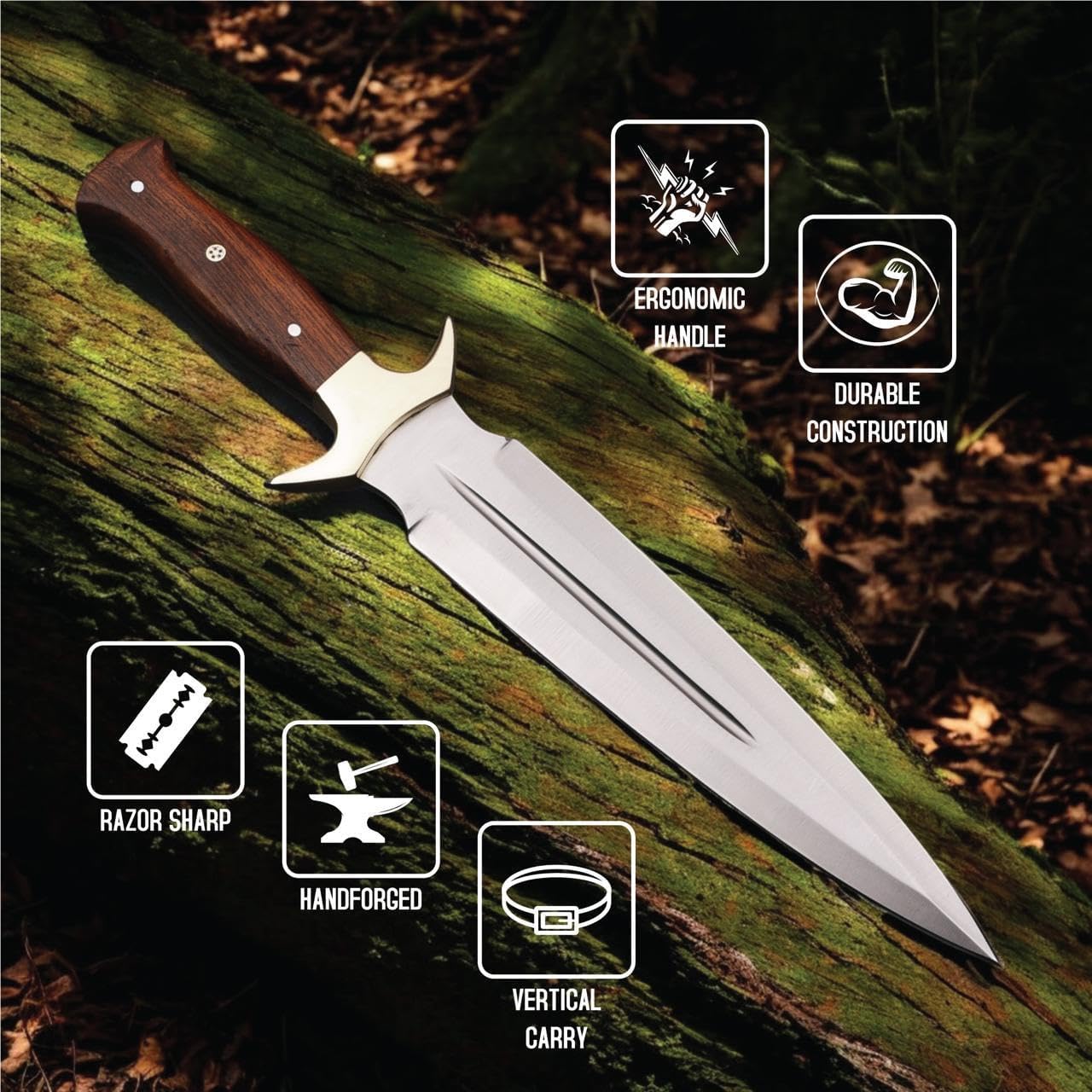 Handmade D2 Steel Dagger Knife 15” | Fixed Blade Full Tang with Leather Sheath – Tactical, Survival & Hunting Knife for Camping, Fishing, Bushcraft & Outdoor Use – Gift for Men by H&H Blades