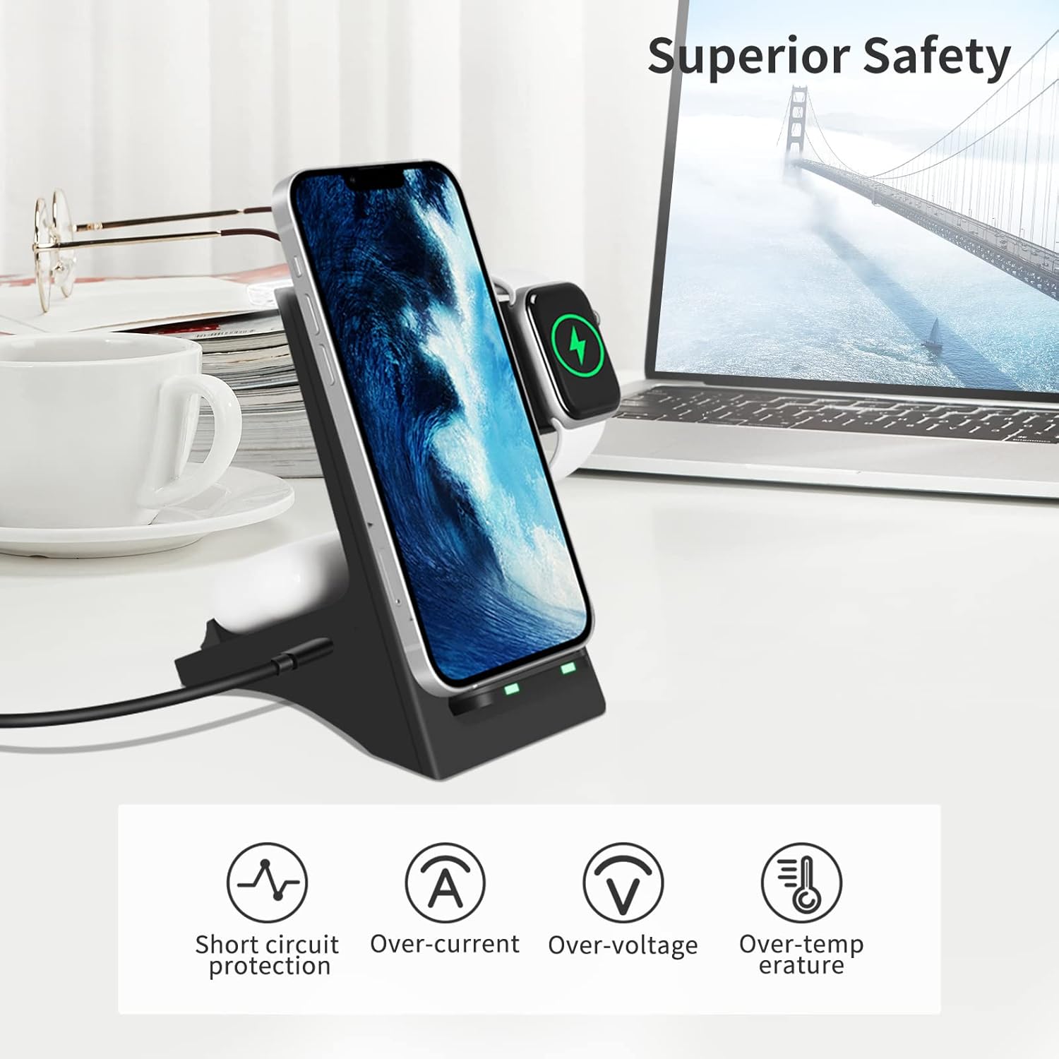 Wireless Charger, 3 in 1 Wireless Fast Charging Stand Dock for Apple Watch 6/5/4/3/2, Airpods 2/Pro, iPhone 13/13 Pro/13 Pro Max /12/11/Pro/Pro Max/X/Xr, and Other Qi-Certified Phones-Black