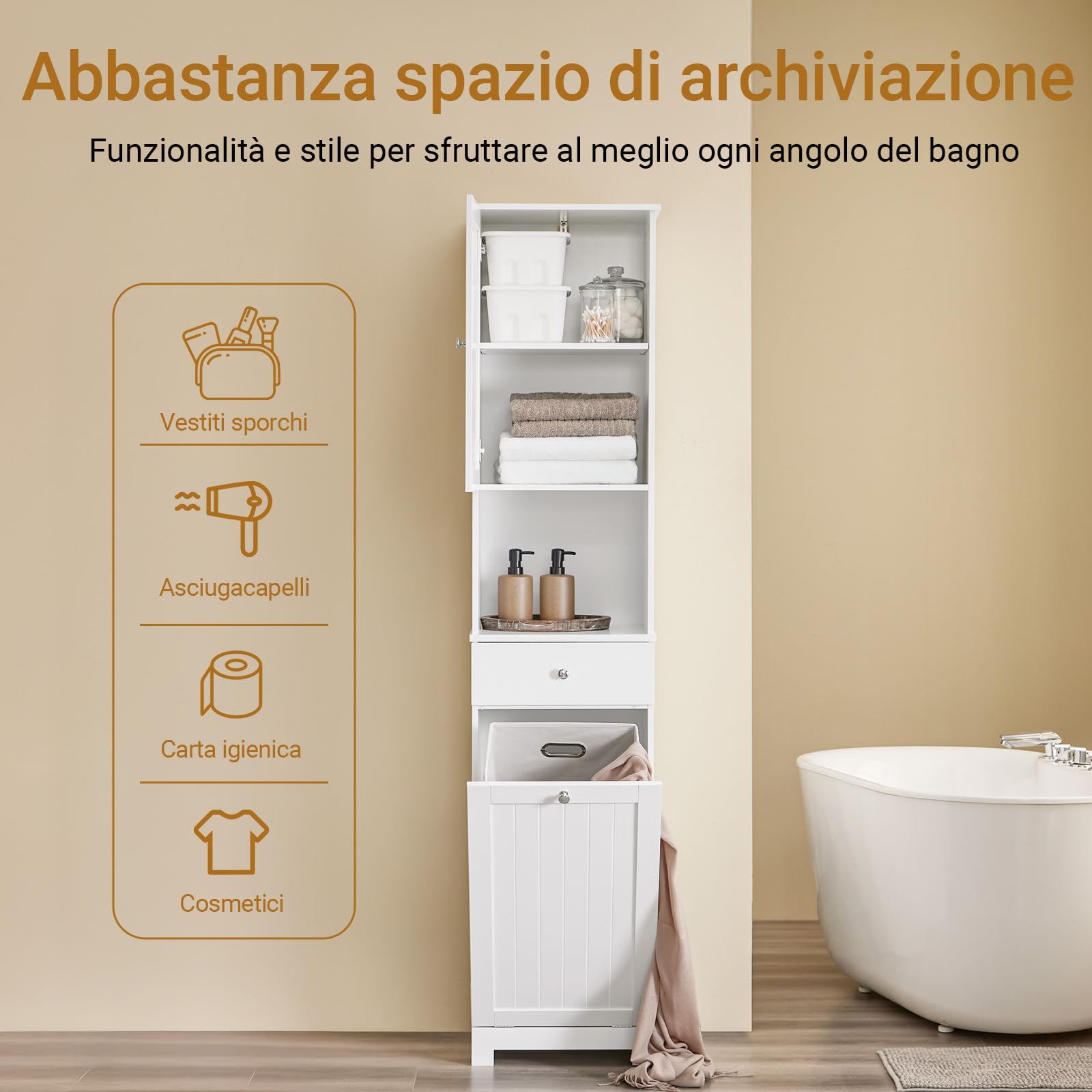 SoBuy Mobile Bagno Salvaspazio con Cesto Portabiancheria 45L 40x38x180cm | Colonna Bagno Stretta con Cassetto Ripiano Aperto e Anta Mobiletto per Lavanderia o WC BZR216-W