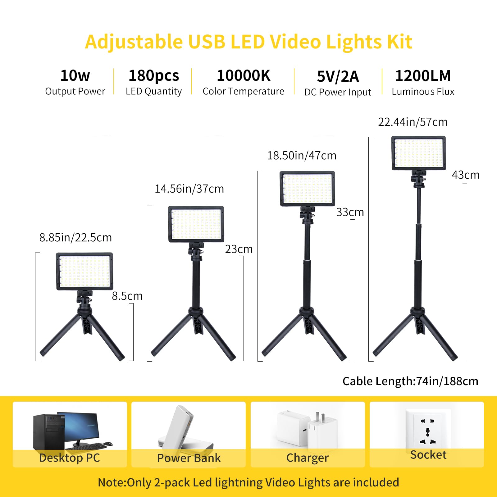 Kit d'éclairage Vidéo à LED, Pack 2 Eclairages Photographie avec Trépied Réglable 9 Filtres Couleur, Lumières Video USB 10000K Dimmable Tiktok/Lumiere Stream/Youtube Eclairage Video
