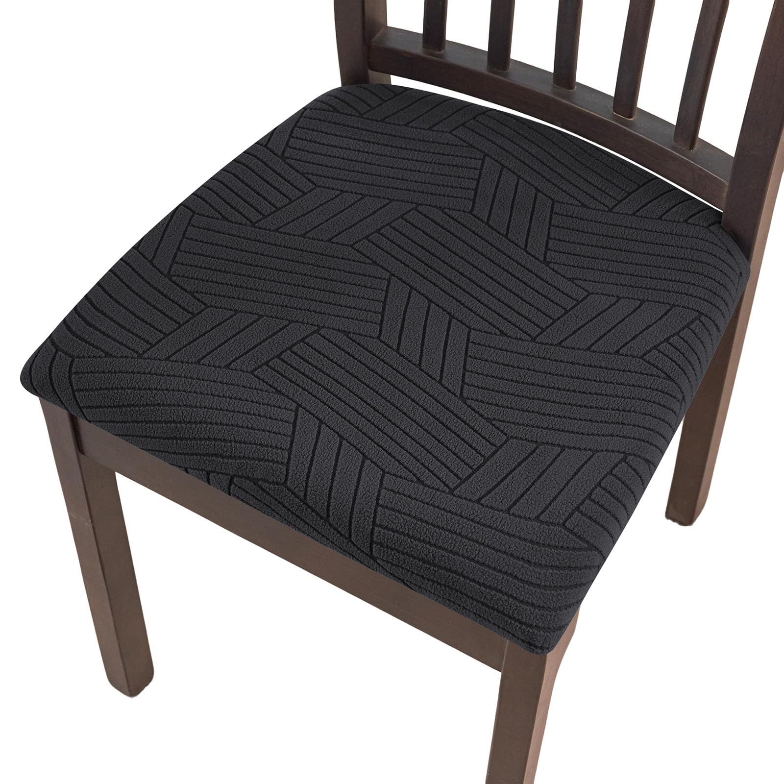 YOPOIY Dining Chair Seat Covers Set of 6 4 2, Spandex Knitted Jacquard Seat Covers for Dining Chairs with Ties, Stretch Chair Seat Cushion Slipcovers (black,6 PCS)