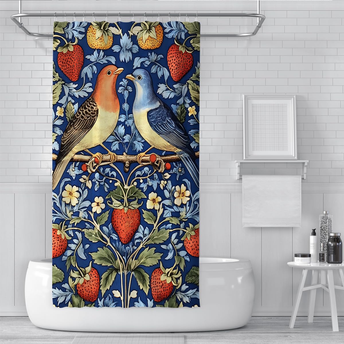 Niebieski zestaw zasłon prysznicowych z haczykami zasłony łazienkowe wodoodporny poliester zmywalny truskawkowy złodziej kwiat do wanny łazienkowej 180 x 200 cm