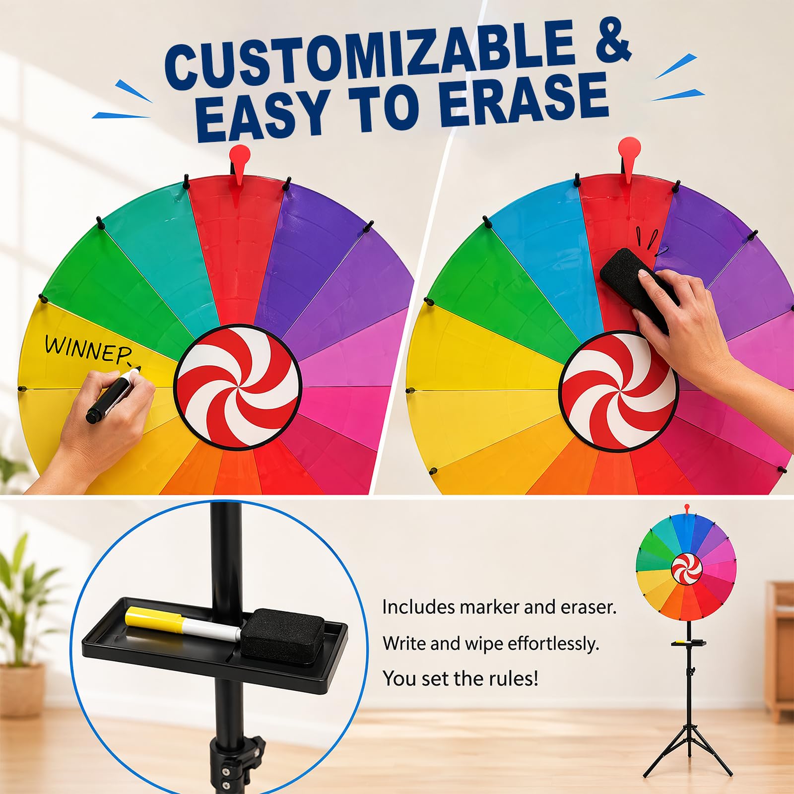 CEWROM 61 cm großes Glücksrad, 14 Farben, höhenverstellbar 100-200 cm, löschbares Kritzelspiel, inkl. Marker & Radiergummi, verstaubar mit Ablage – ideal für Partys, Messen & Karneval