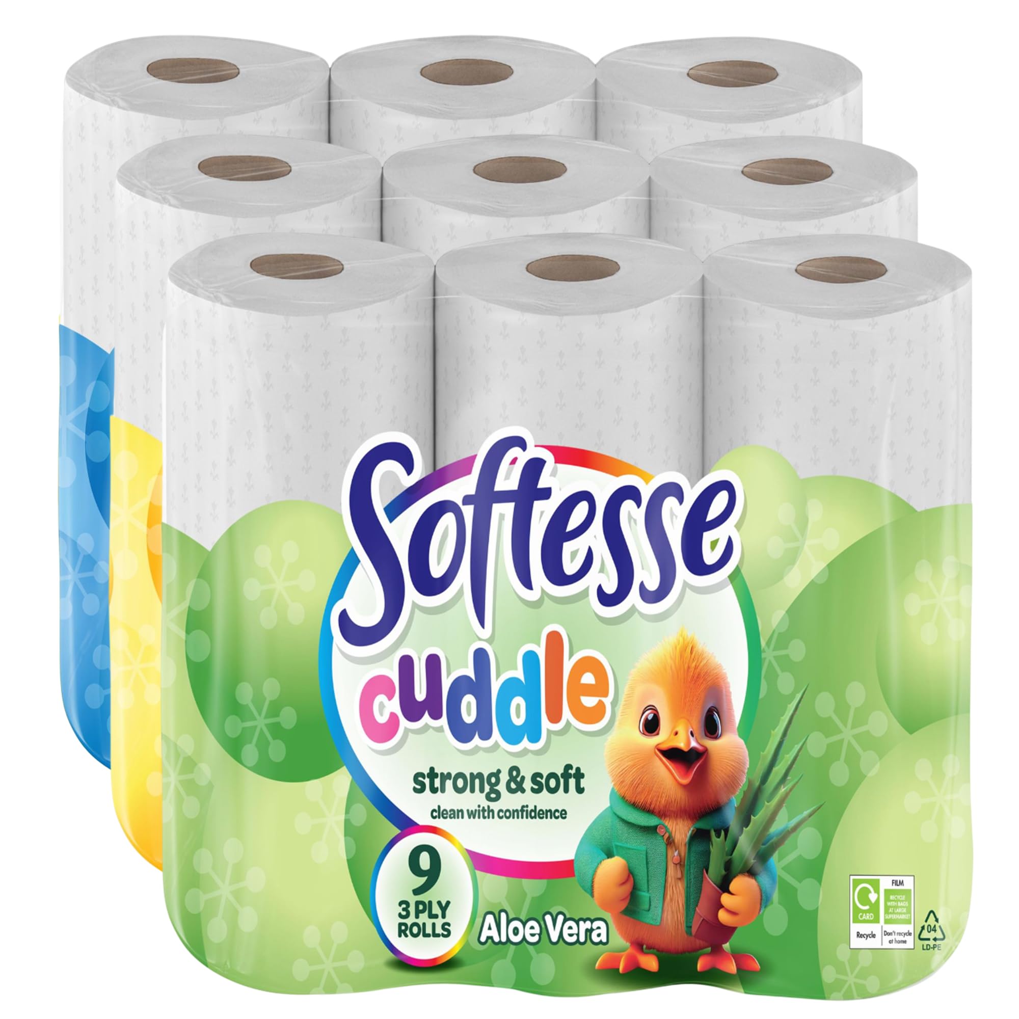 Softesse Cuddle 3-warstwowe rolki papieru toaletowego – miękki, pikowany, wytłaczany papier loo w cytrynie, o zapachu aloesu i bezzapachowej chusteczki toaletowej, dla higieny i komfortu