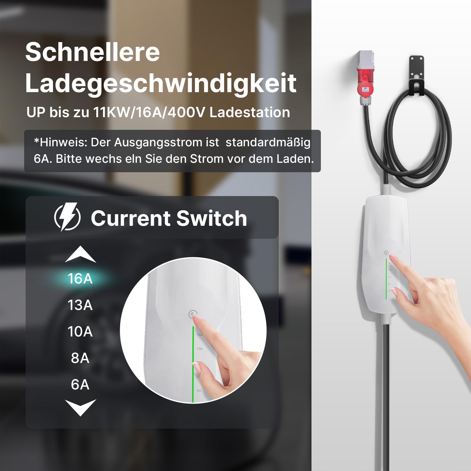 Teskee Mobile Wallbox 11kW Typ 2 Ladekabel EV Ladegerät für alle Elektrofahrzeugen EV PHEV | Max. 11kW 6-16Amp 6 Meter in Länge 3-Phasig CEE Stecker