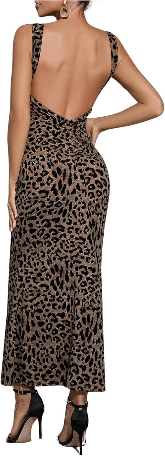 Floerns Women's Leopard Sleeveless Tank Dress Boat Neck Backless Club Bodycon Long Dress