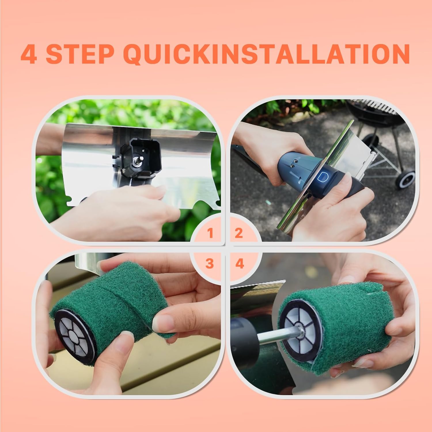 Hillyfe Electric Grill Brush, Bristle-Free Dual Rotating Heads, 450 RPM with LED Light, 120-Minute Runtime, IPX5 Waterproof, 4 Scouring Pads, Extended Handle, Safe for All Kinds of BBQ Grills, Orange