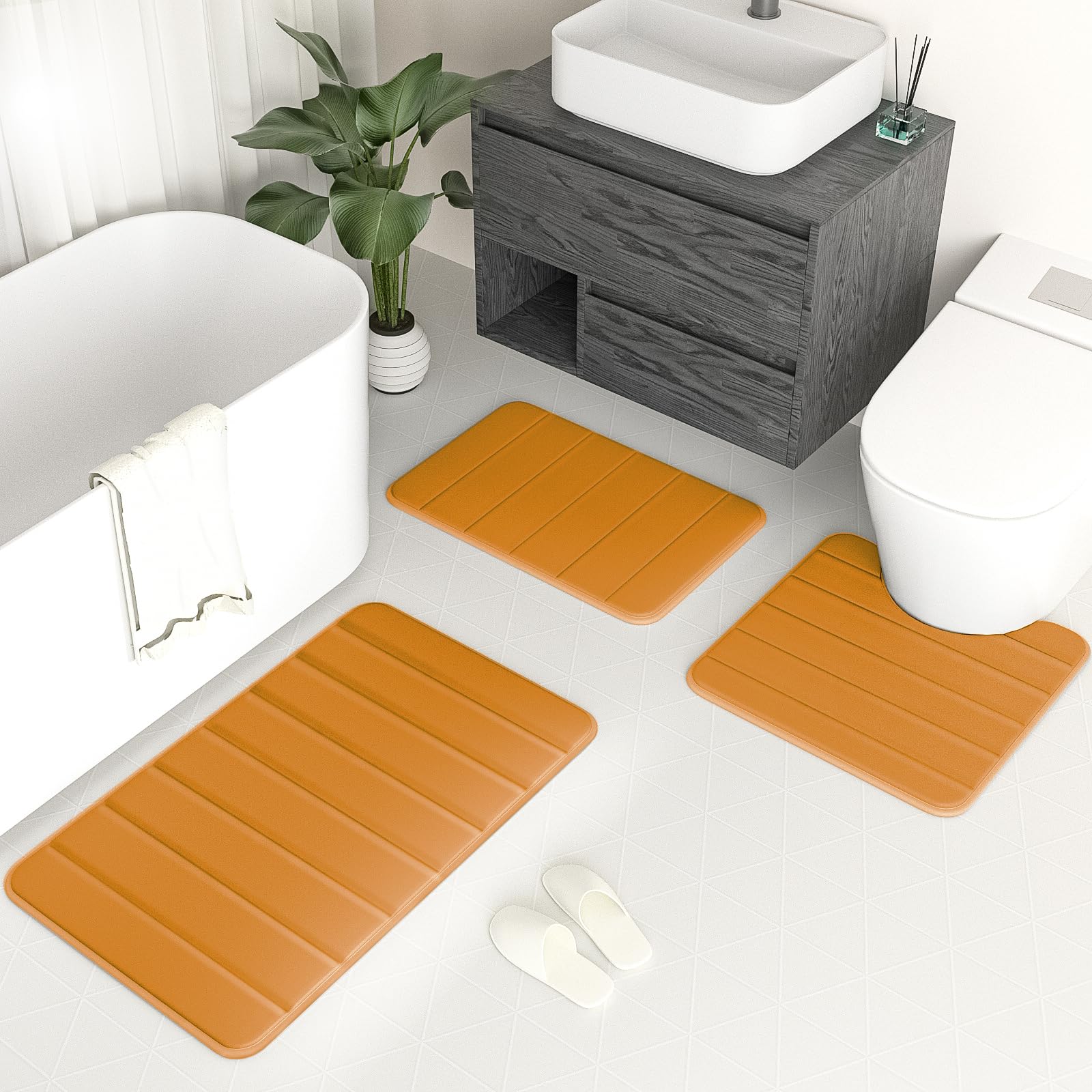Lot de 3 tapis de bain doux antidérapants en mousse à mémoire de forme, lavables en machine, pour salle de bain, chambre à coucher, salon, plusieurs couleurs, orange
