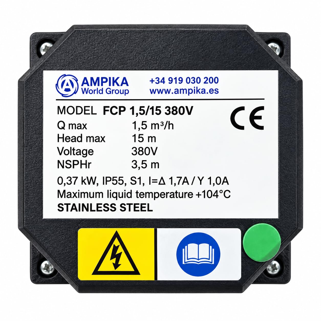 Ampika FCP 1,5/15-AM Pompa Centrifuga Alimentare 380V Trifase - Acciaio Inox AISI 304, 1500 l/h, Altezza 15 m, Motore 0,37 kW IP55, Guarnizioni Viton, per Latte, Succhi e Acqua Potabile