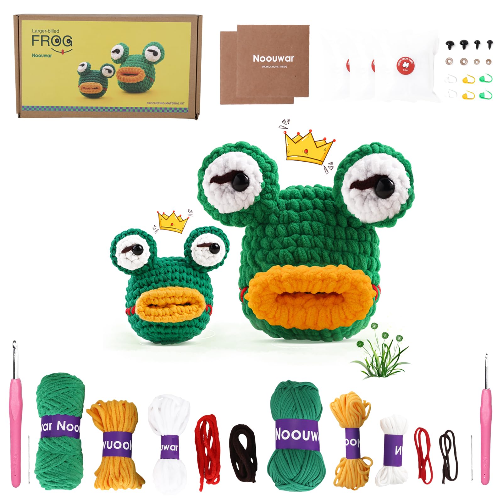 Noouwar Kit de ganchillo de 2 piezas para principiantes con tutoriales en video paso a paso, kit de ganchillo para principiantes para adultos y niños, kit de animales de ganchillo Amigurumi, kit de