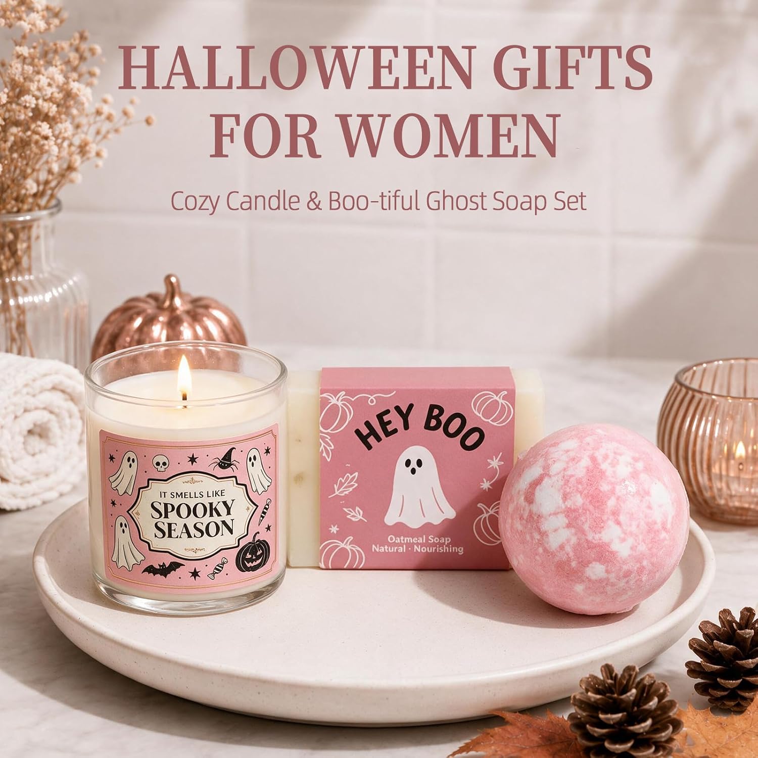 Halloween Boo Basket Stuffers for Women Girls, 8pcs Boo Basket for Adults Kids Teens Care Package Gift Box,Pink Ghost Halloween Mug