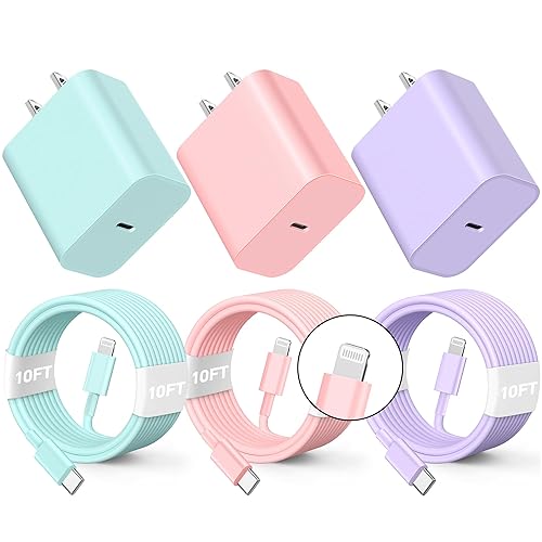 BUSFUL Compatible with iPhone Charger Fast Charging, [3Pack 10FT] 20W PD USB C Wall Charger Block with Type C to Lighting Cable Compatible with iPhone 14/13/12 Pro Max/11/XS/XR/X/8/Plus - 10FT - PurplePinkGreen