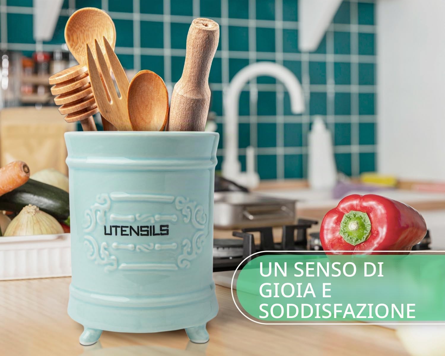 Comfify Portautensili in Ceramica Blu Francese - Organizer per Utensili in Stile Vintage e Design Antico - Rustico, per Gli Appassionati di Cucina