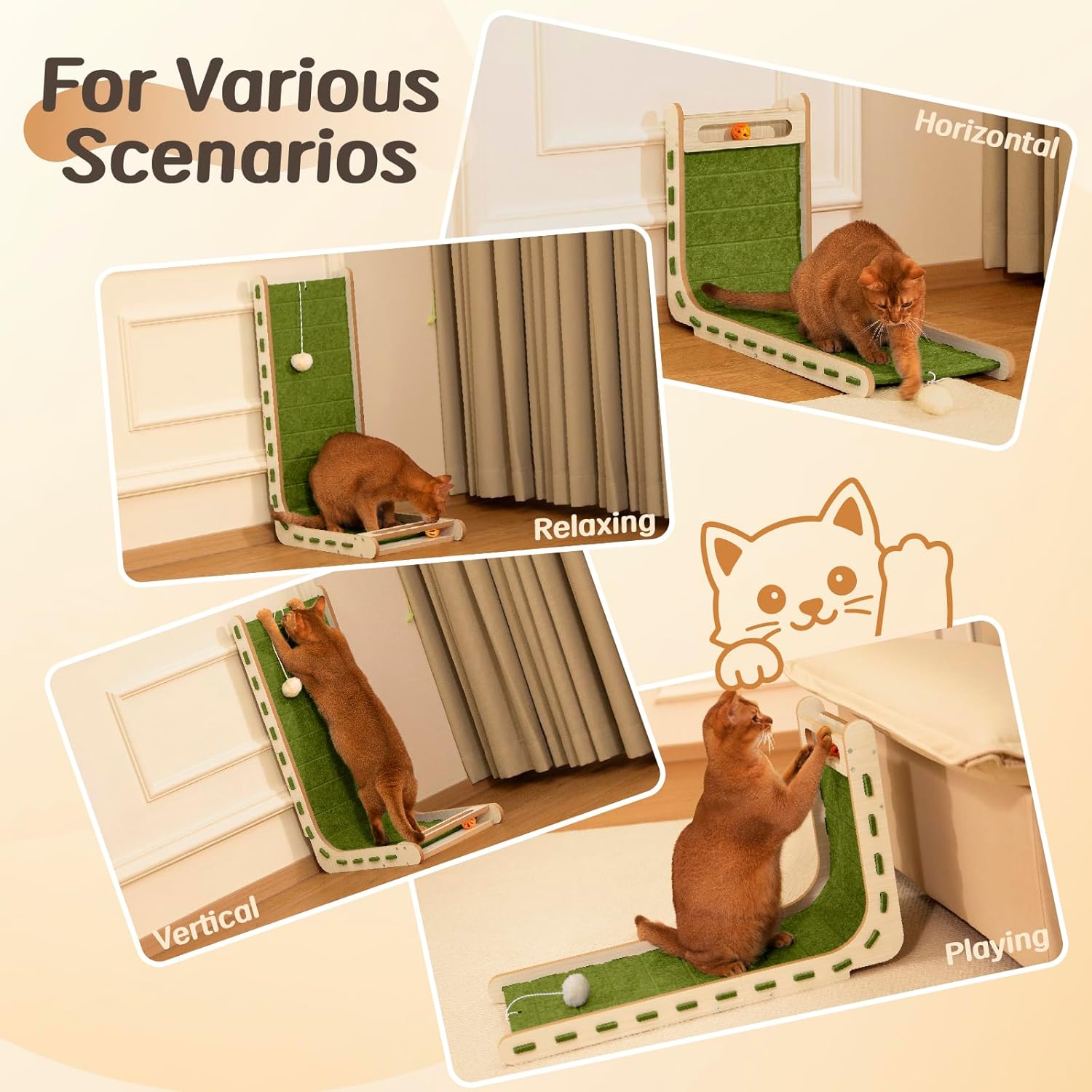 Cat Scratcher with Bell Ball Cat Scratch Pad L-Shaped Scratch Mat Vertical Cat Scratching Board for Indoor Cats Felt Cats Scratching Post Furniture Protector Kittens Cratchers Toys- Green