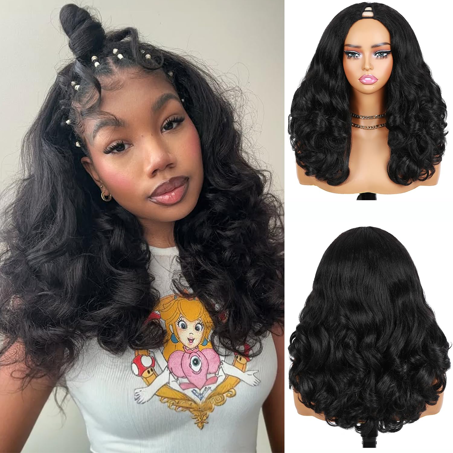 Quantum Love V Part Yaki Curly Wigs for Black Women Afro Curly V Part Synthetic Wig 16Inch Natural Black No Leave Out Clip in Half Wig