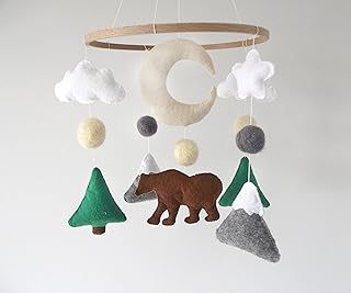 Bear Baby Mobile For Nursery,Felt bear mobile,Woodland Crib Mobile,Forest Baby Mobile,Star Moon Mobile, Gray mountains mobile,Green Tree Mobile