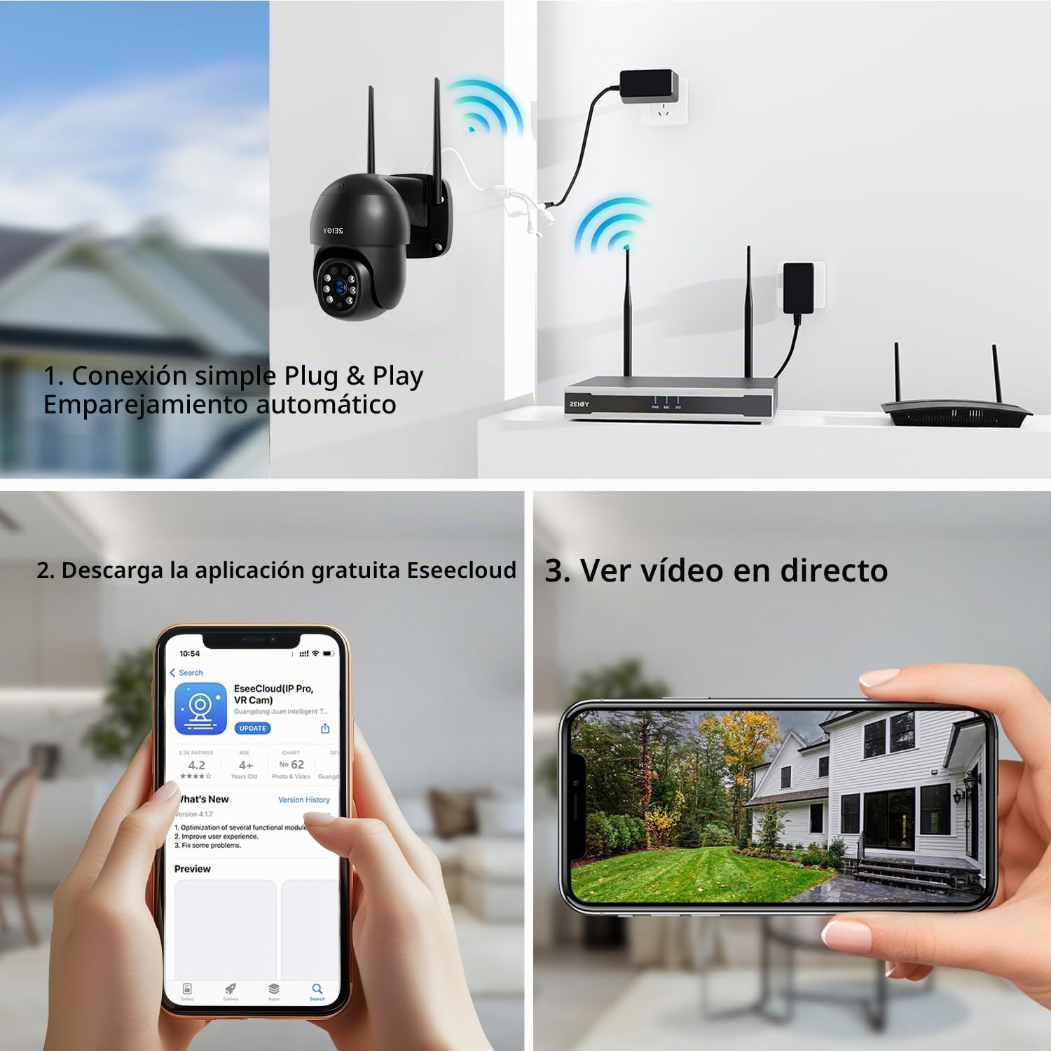 REIGY 8MP Kit Camara de Vigilancia WiFi Exterior Preinstalación del Disco Duro 1TB, 4K Sistema de Seguridad 4X 2160P Camera(2*PT CAM+2*Bullet CAM), Visión Nocturna Colorida Seguimiento de Movimiento
