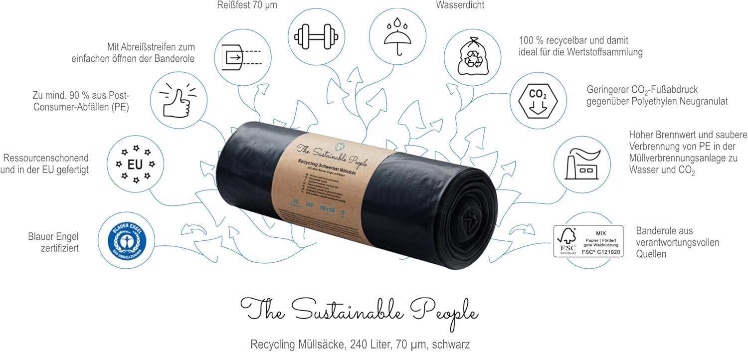 TSP Heavy Duty Bin Bags 240 L - Made from at least 90% Post-Consumer Waste (PE) - Blue Angel Certified - Pack of 10 - Extremely Tear-Resistant (70 μm) - 1000 x 1250 mm - Ideal for Renovation and