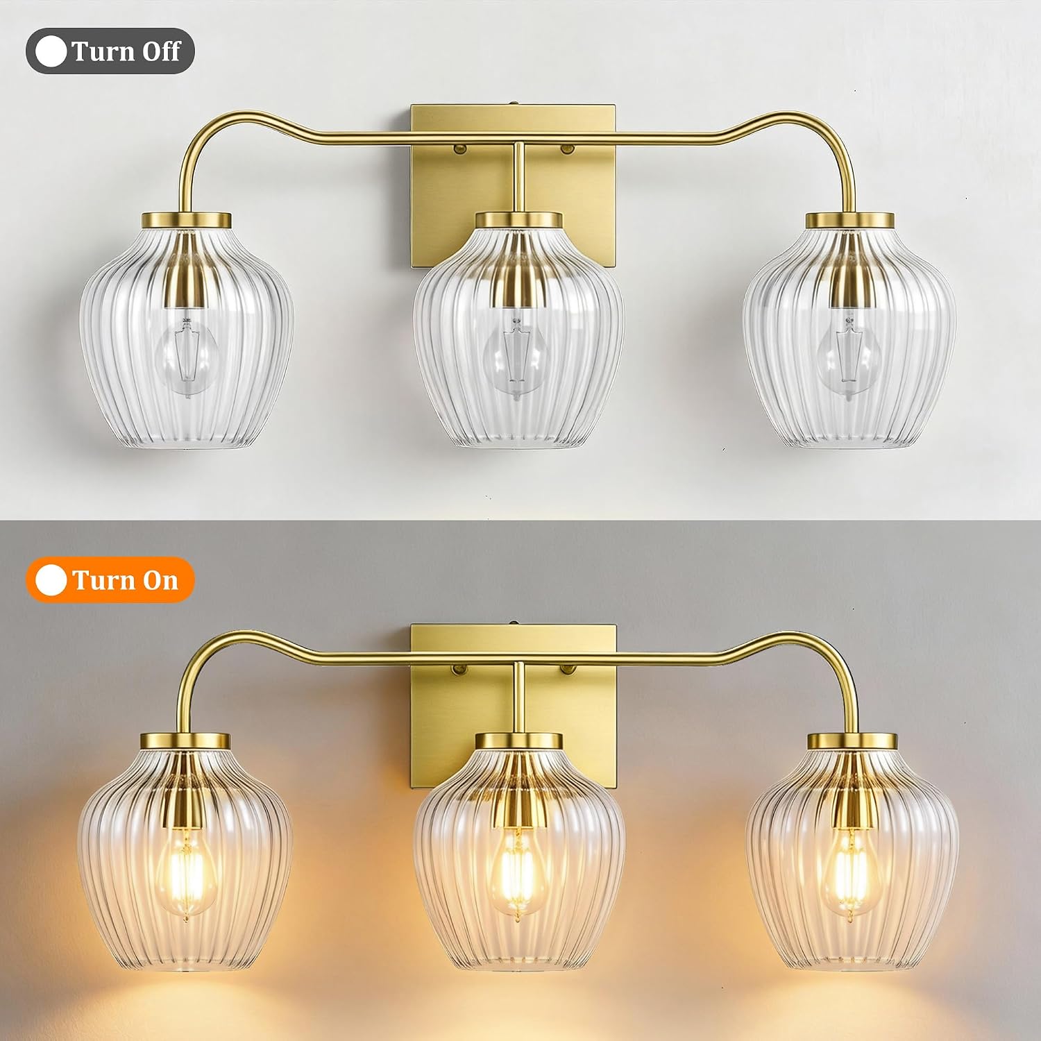 Maxax 3-Light Bathroom Vanity Light, 24" Gold Wall Sconce with Ribbed Clear Glass Shade, Modern Farmhouse Over Mirror Lighting Fixtures, E26 Base