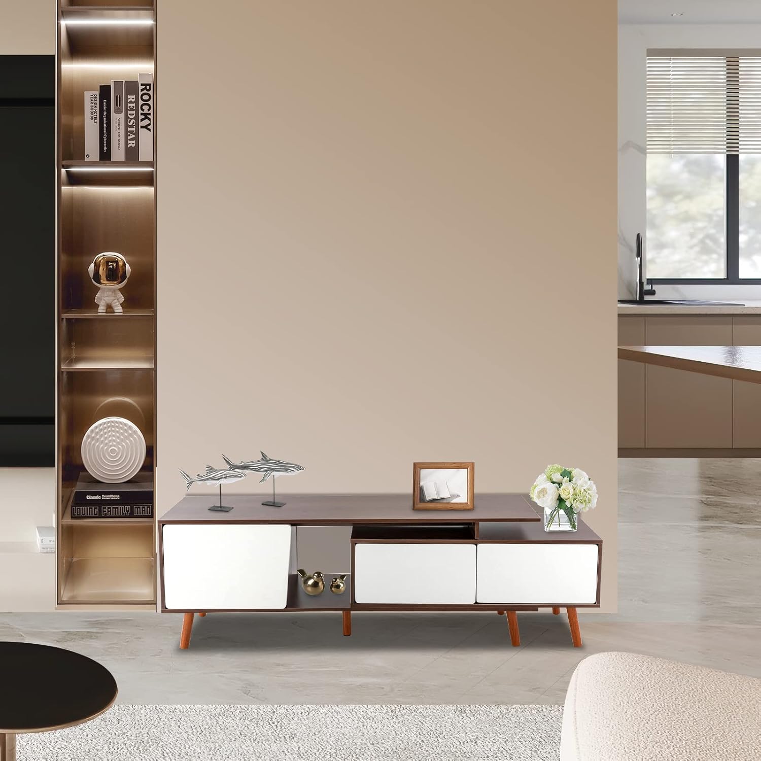 TV Stand, Modern Farmhouse Boho Television Stand with 3 Doors, 47.2-78.7 inches Length Adjustable, TV Console for Home Living Room, Bedroom, Study Room (Deep Walnut)