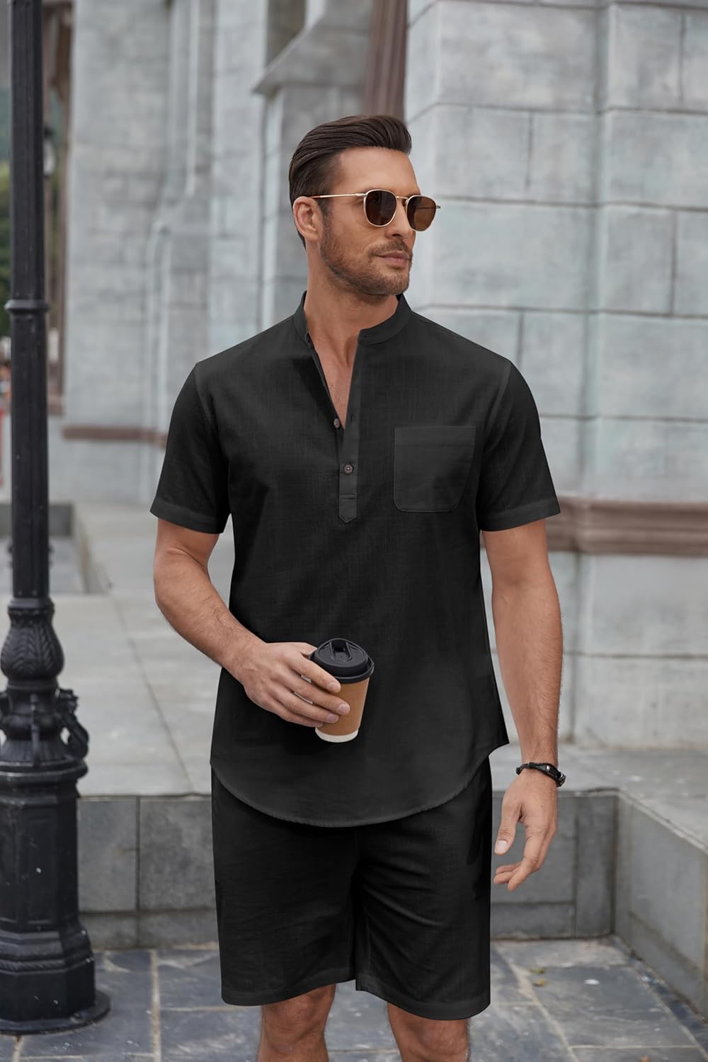 COOFANDY Men's 2 Piece Cotton Linen Sets Summer Beach Outfits Casual Short Sleeve Henley Shirts and Vacation Shorts - Image 4