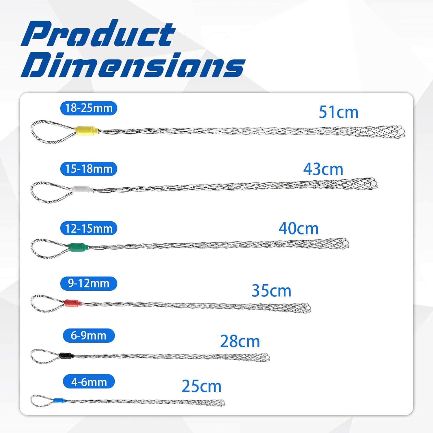 6Pcs Cable Pulling Grip, 4-25mm Cable Puller Socks Cable Pulling Sock Grip Kit with Stainless Steel Eye Mesh Grips for Electricians, for Light and Heavy Cables