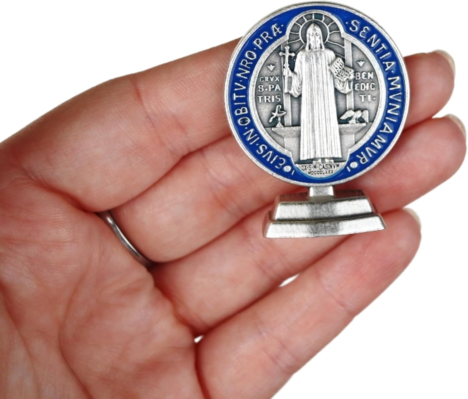 Needzo Standing Saint Benedict Medal, Antiqued Silver Finish with Red and Blue Epoxy, Spiritual Decor, Made in Italy, 1 11/16"