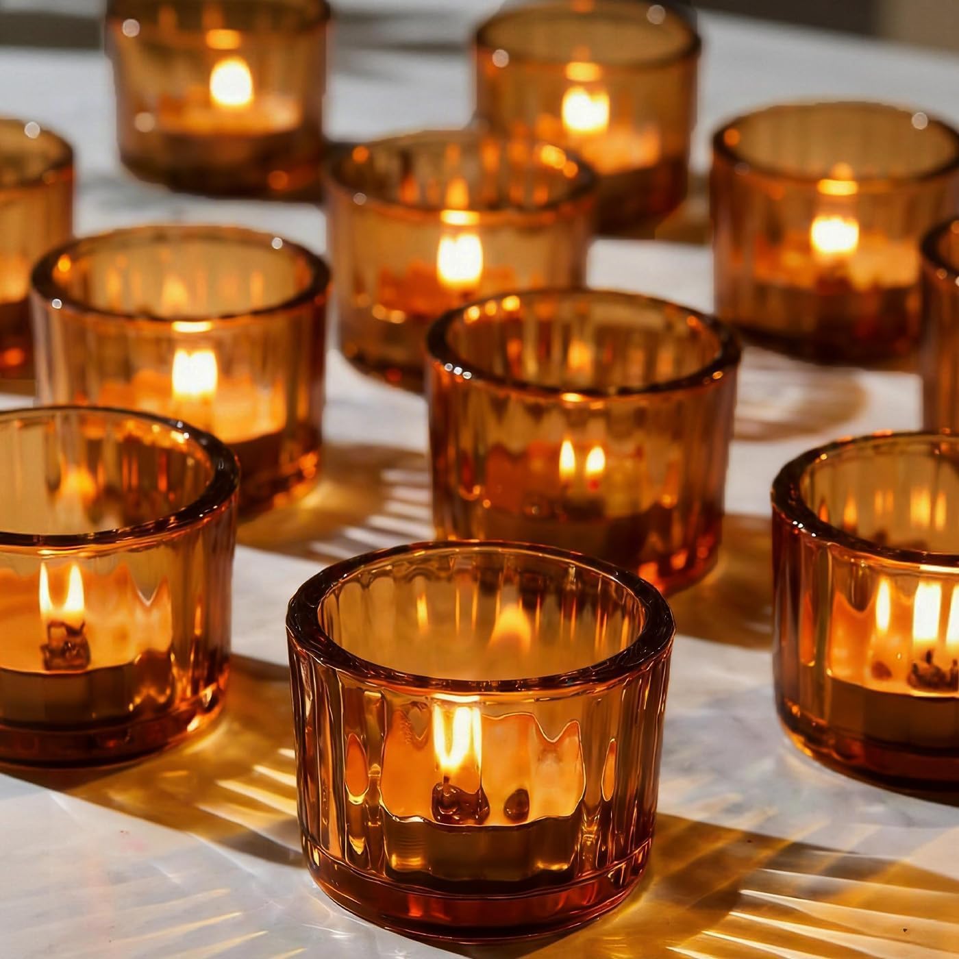 Green Tea Light Candle Holders Set of 12, 5cm x 3.5cm Glass Tea Light Holders for Table Centerpiece, Mini Votive Candle Holders for Weddings, Birthday Parties, Home Decor, Table Decor