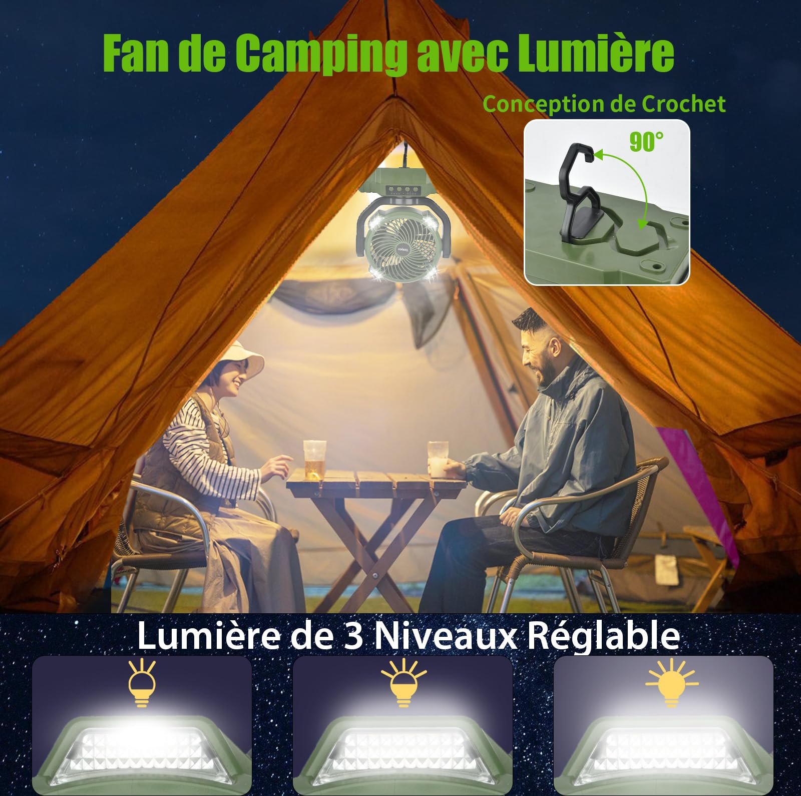 Ventilateur de Camping,Ventilateur de Bureau USB Avec Batterie 10 000 Mah Ventilateur Portable Silencieux Avec Lumière LED Rotation À 270° pour Bureau,Maison,Chambre,Voiture,Pêche,Camping en Plein Air