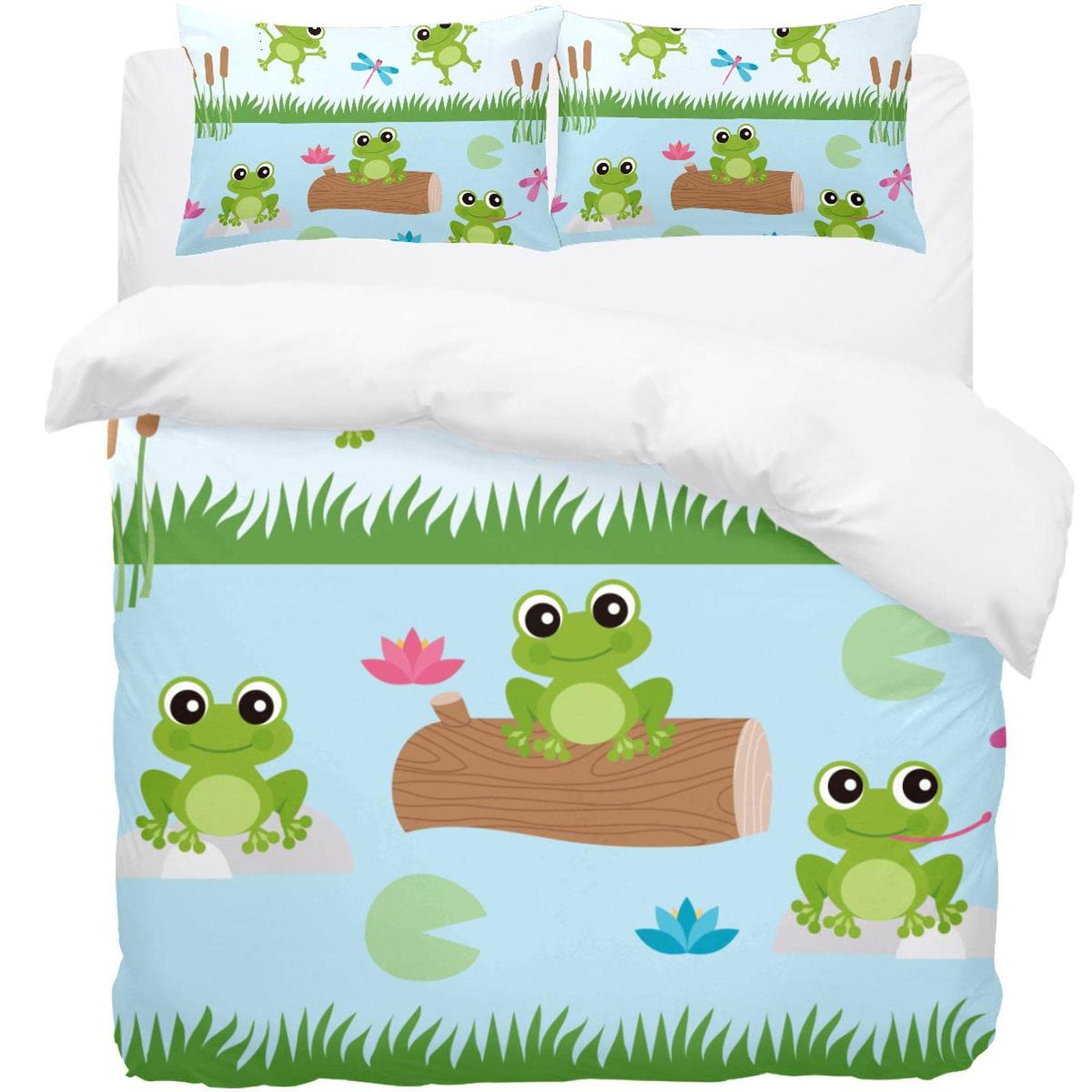 Parure de lit grenouille pour chambre d'enfant et ado avec housse de couette et 2 taies