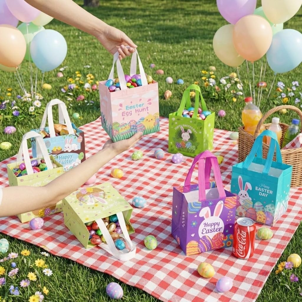 Yokodaza 8 Pack Easter Gift Bags with Handles, Reusable Non-Woven Treat Totes, Bunny Carrot Chick Egg Designs, Holiday Party Favors for Kids Adults, Easter Egg Hunt Supplies, Gift Wrapping Baskets - Image 6