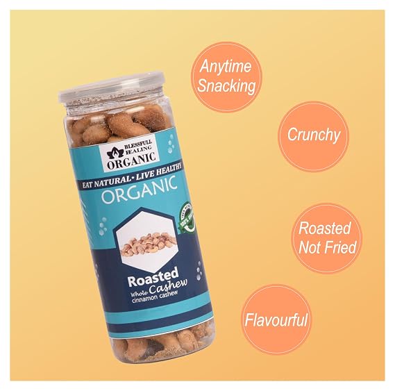 Blessfull Healing Organic Natural, Vegan Cinnamon Roasted Whole Cashew Nuts Crunchy Kaju 150 Gram