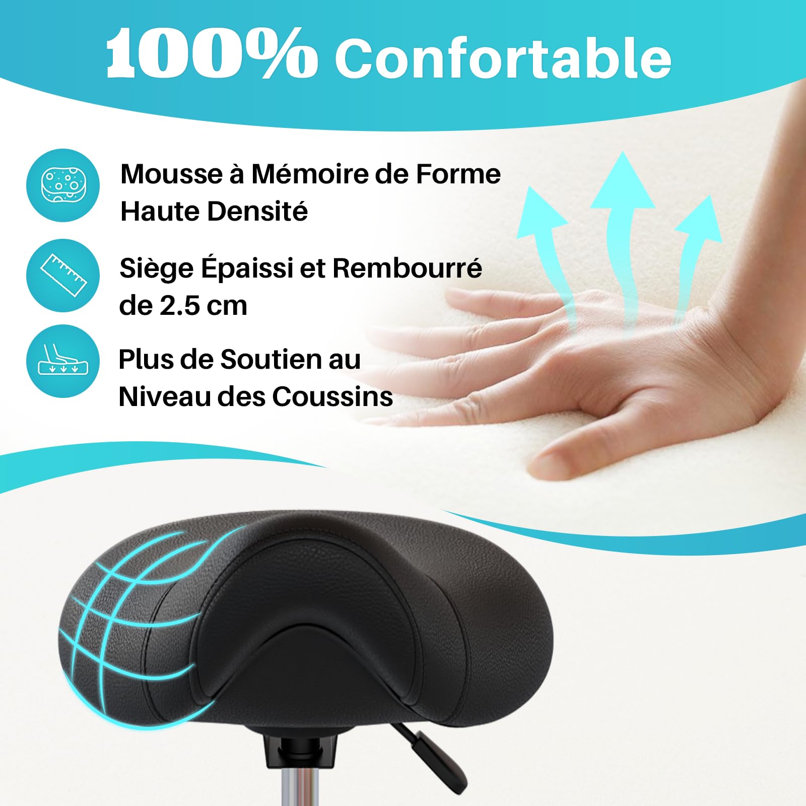 Tabouret de selle de cheval anti-mal de dos, tabouret ergonomique avec roues, tabouret esthétique réglable en hauteur de 46 à 59 cm, tabouret avec roues rembourrées pour dentiste (noir)