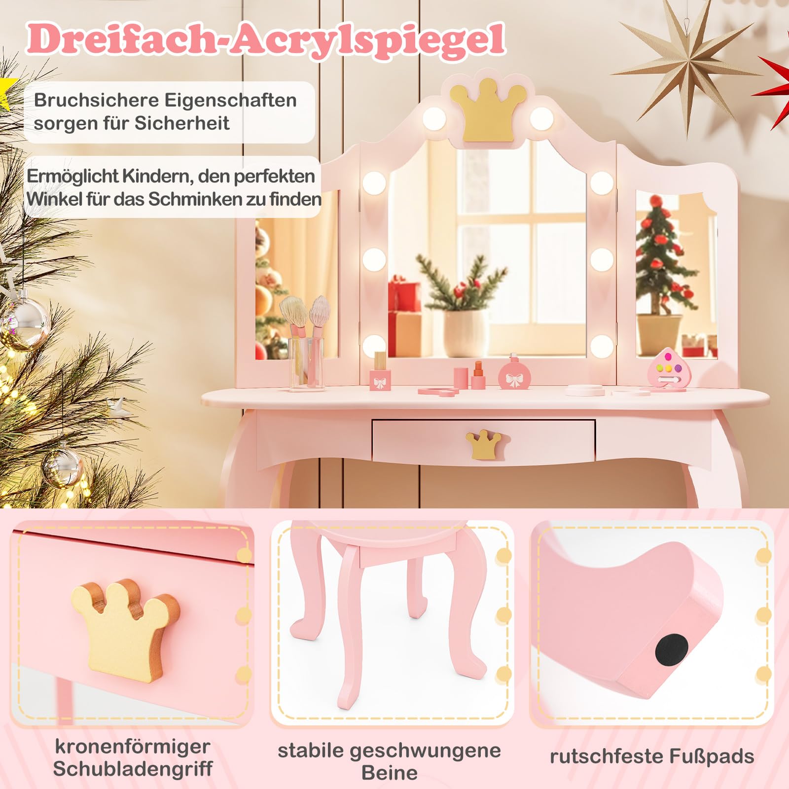 DREAMADE Schminktisch Kinder mit Hocker & Schublade, Prinzessin Frisiertisch Kosmetiktisch mit abnehmbarem Spiegel & Kippsicherung, Kinderschminktisch für Mädchen aus Holz (Rosa-mit Beleuchtung)