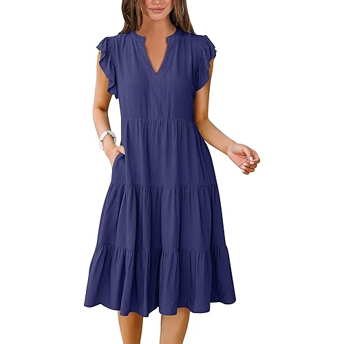 ANRABESS Womens Summer Ruffle Sleeve V Neck Midi Dress 2024 Fashion Casual Fit Flowy Tiered Boho Beach Vacation Sundress